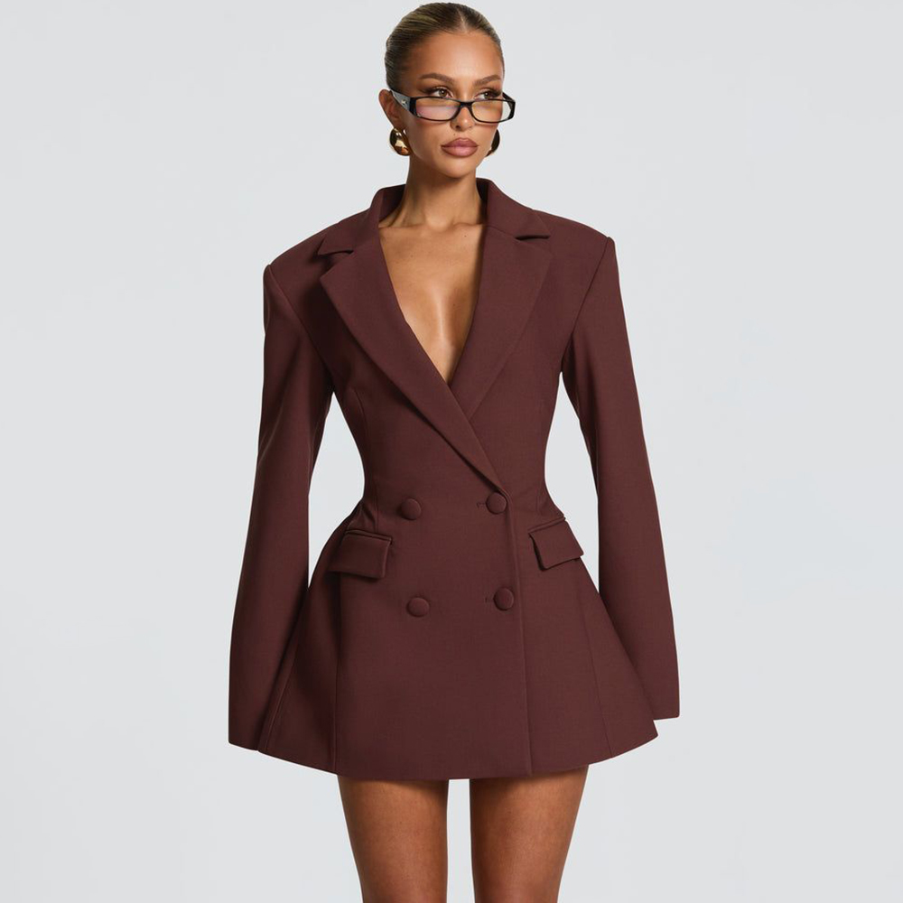 Women'S Formal Jackets To Wear With Dresses - Elegant Women's Brown Flared Blazer Dress
