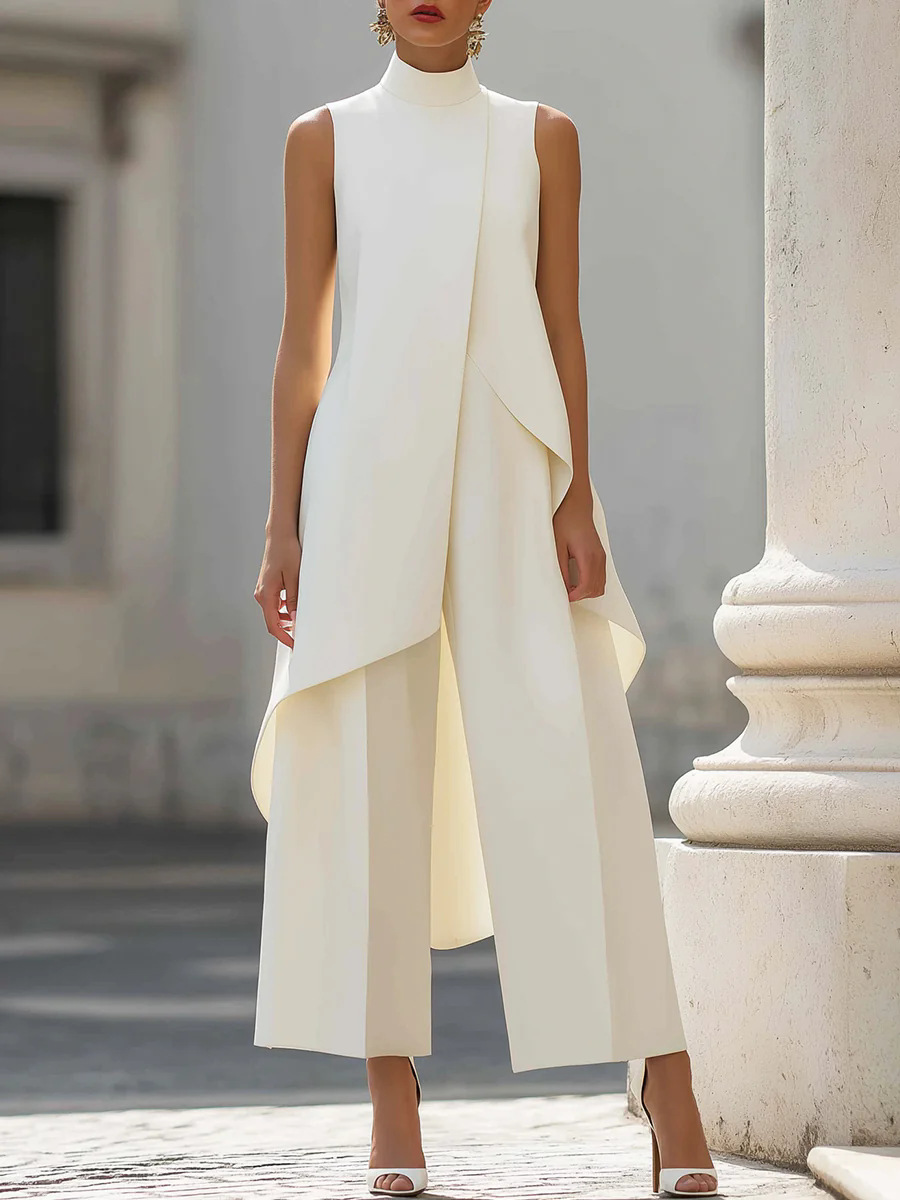 Women'S Formal Wear Pants - Women Stand Neck Sleeveless Layered Long