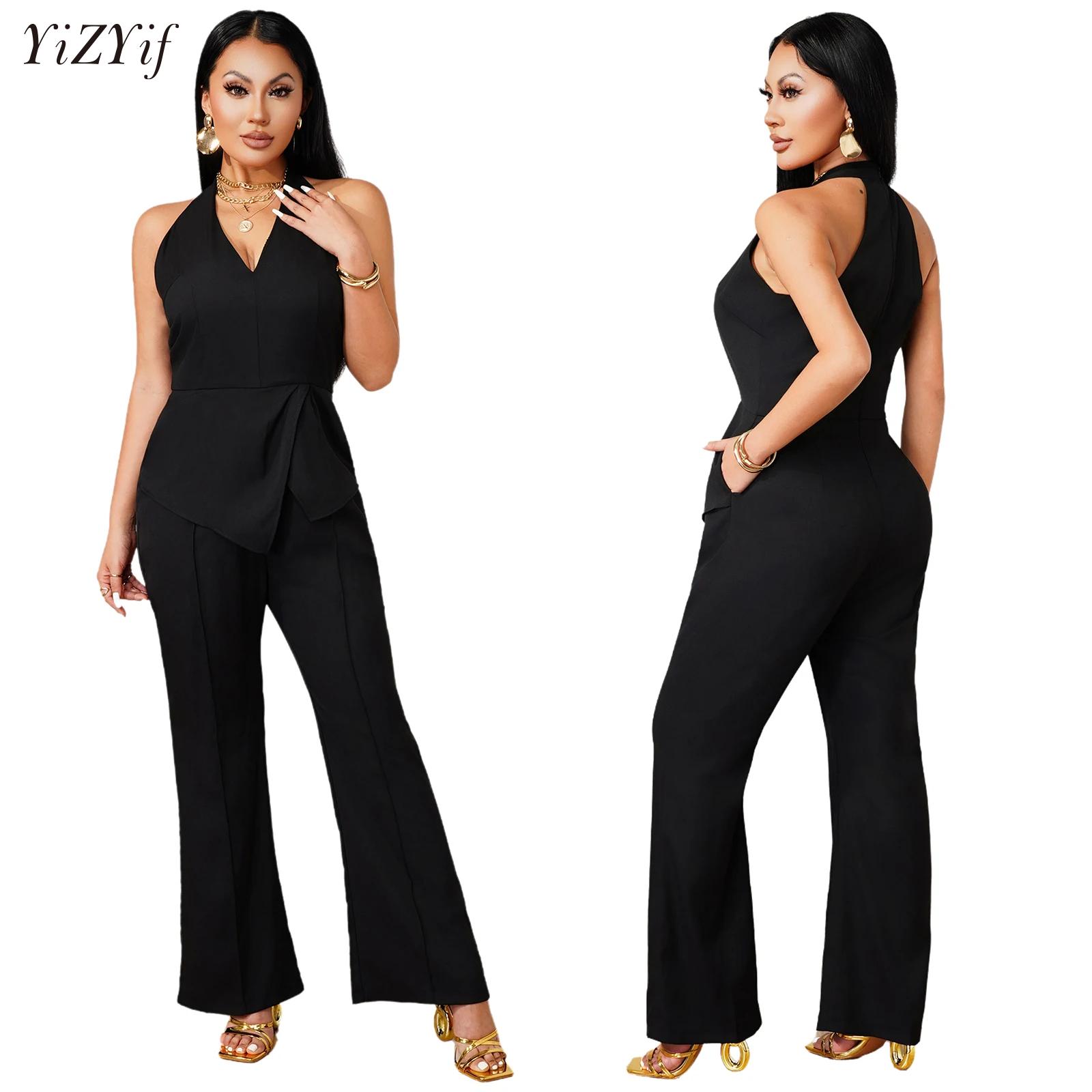 Women'S Formal Wear Pants - Sleeveless V-neck Jumpsuit Asymmetric Draped Overlay