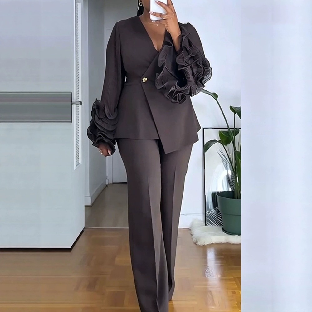 Women'S Formal Wear Pants - Women's 2‑Piece Pant Suit Deep‑V Ruffle